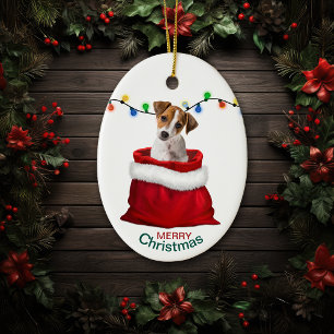 Jack Russell Terrier Dog in Holiday Gift Bag Ceramic Ornament