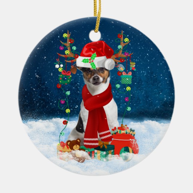 Jack Russell Terrier Dog in Snow Christmas Gifts  Ceramic Ornament (Front)