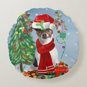 Jack Russell Terrier Dog in Snow Christmas Gifts   Round Cushion