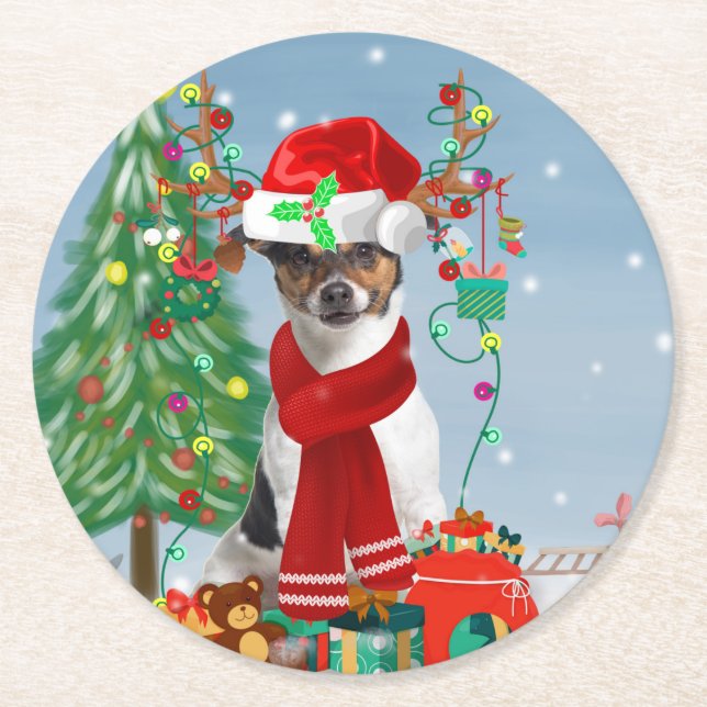 Jack Russell Terrier Dog in Snow Christmas Gifts   Round Paper Coaster (Front)