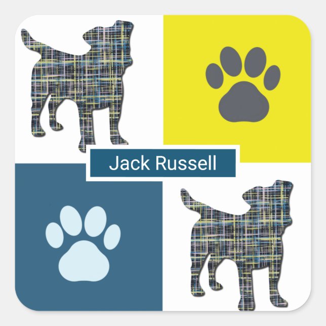 Jack Russell Terrier Dog & Paw Y&B Grid Square Sticker (Front)