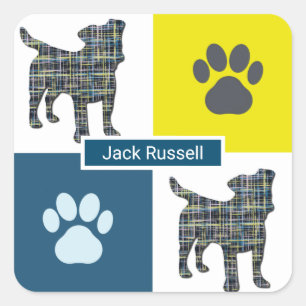 Jack Russell Terrier Dog & Paw Y&B Grid Square Sticker