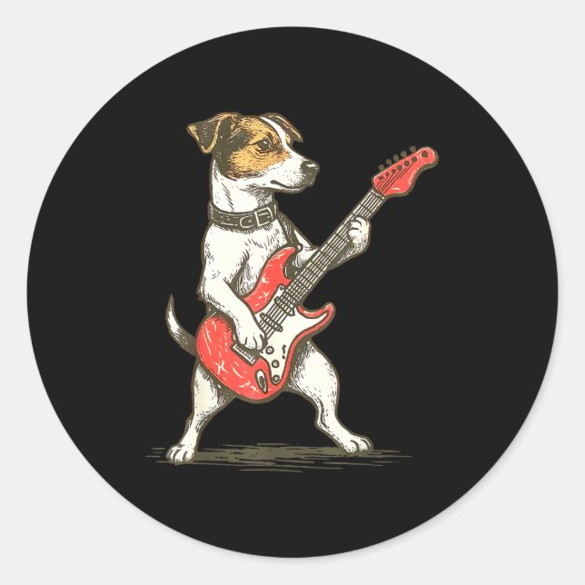 Jack Russell Terrier Dog Playing Guitar Rocker Gui Classic Round Sticker (Front)