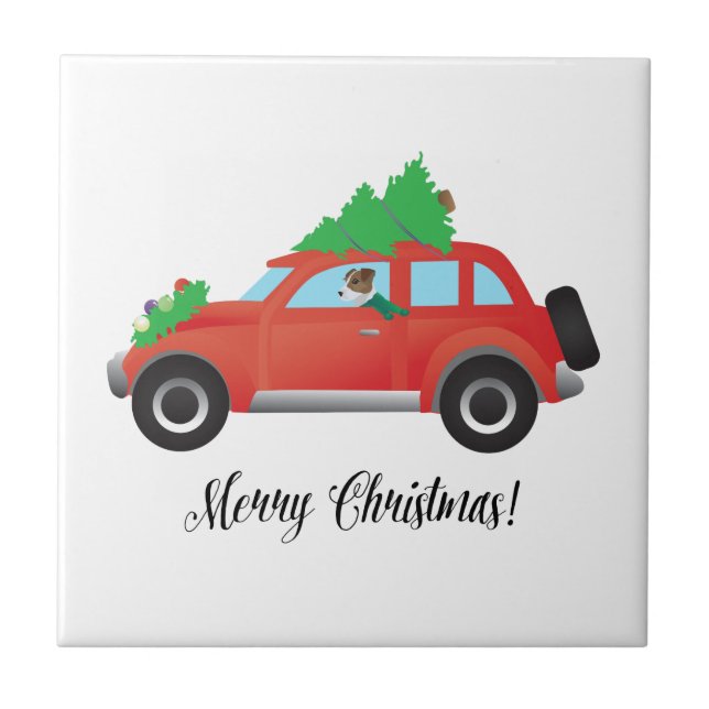 Jack Russell Terrier Driving Christmas Car Ceramic Tile (Front)