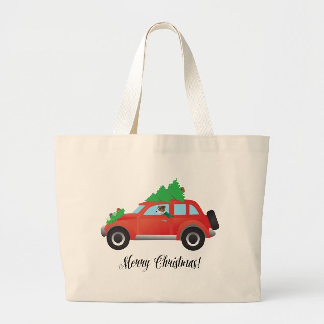 Jack Russell Terrier Driving Christmas Car Large Tote Bag (Front)