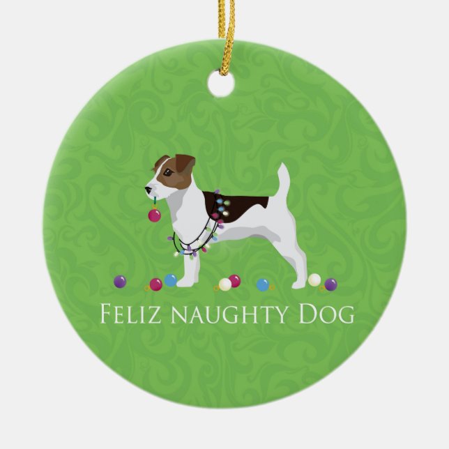 Jack Russell Terrier Feliz Naughty Dog Christmas Ceramic Tree Decoration (Front)