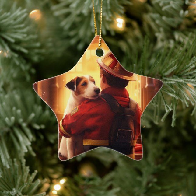 Jack Russell Terrier Fireman, Puppy, Pet Dog Lover Ceramic Ornament (Tree)