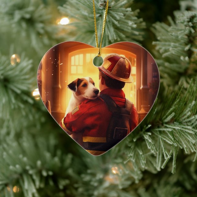 Jack Russell Terrier Fireman, Puppy, Pet Dog Lover Ceramic Ornament (Tree)