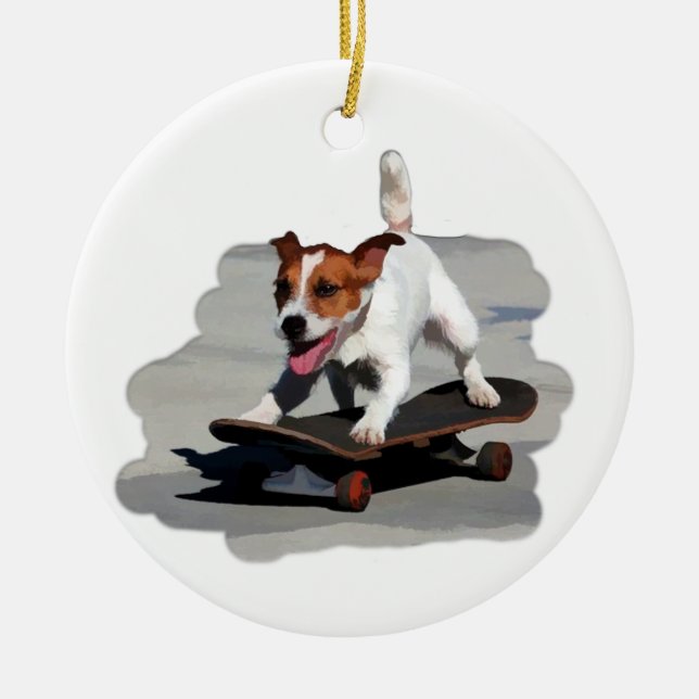 Jack Russell Terrier on Skateboard Ceramic Tree Decoration (Front)