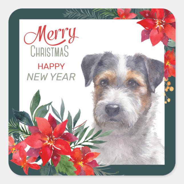 Jack Russell Terrier Poinsettia Border Christmas Square Sticker (Front)