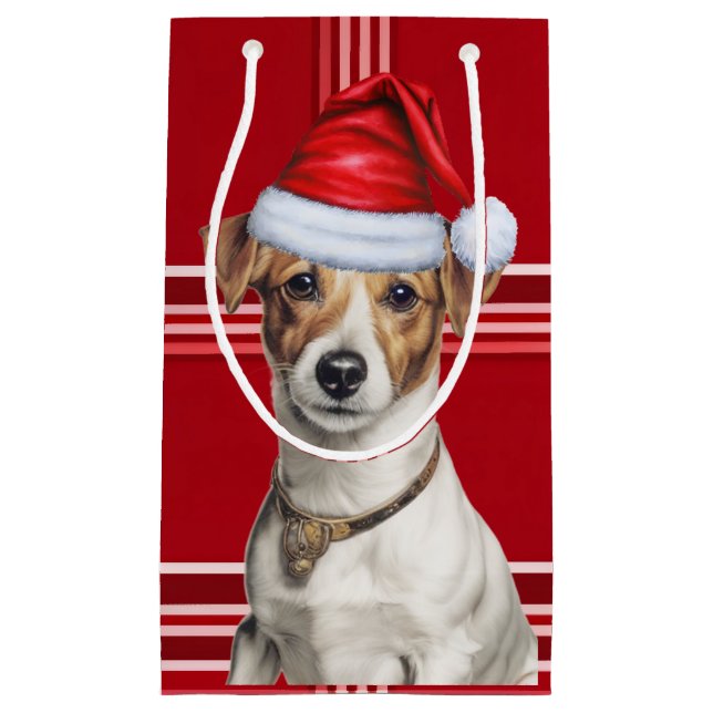 Jack Russell Terrier Red Holiday Plaid Christmas Small Gift Bag (Front)
