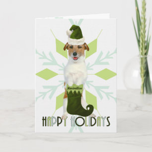 Jack Russell Terrier Santa Dog   Green Christmas Holiday Card