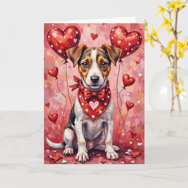 Jack Russell Terrier Valentine Dog Sitting Card (Yellow Flower)