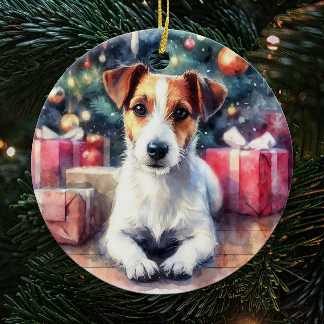 Jack Russell Terrier Watercolor Scene Christmas Ceramic Ornament (Creator Uploaded)