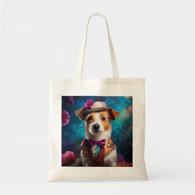 Jack Russell, white hat, pink flower Tote Bag (Front)