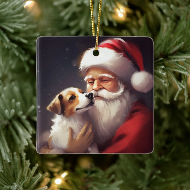 Jack Russell With Santa Claus Festive Christmas Ceramic Ornament (Tree)