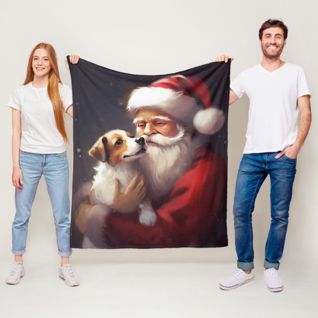 Jack Russell With Santa Claus Festive Christmas Fleece Blanket (In Situ)