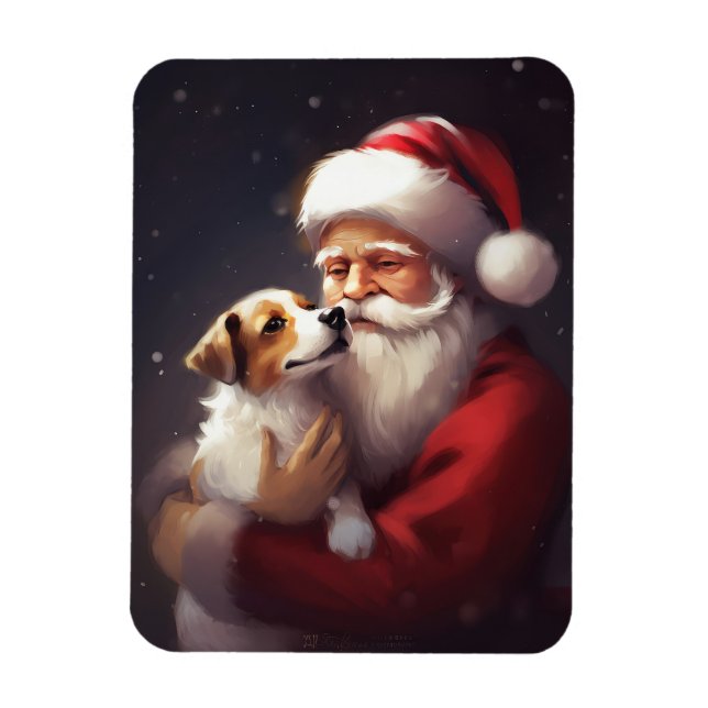 Jack Russell With Santa Claus Festive Christmas Magnet (Vertical)