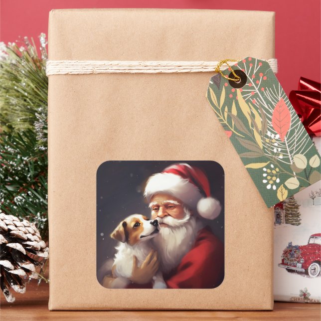 Jack Russell With Santa Claus Festive Christmas Square Sticker (Holiday)