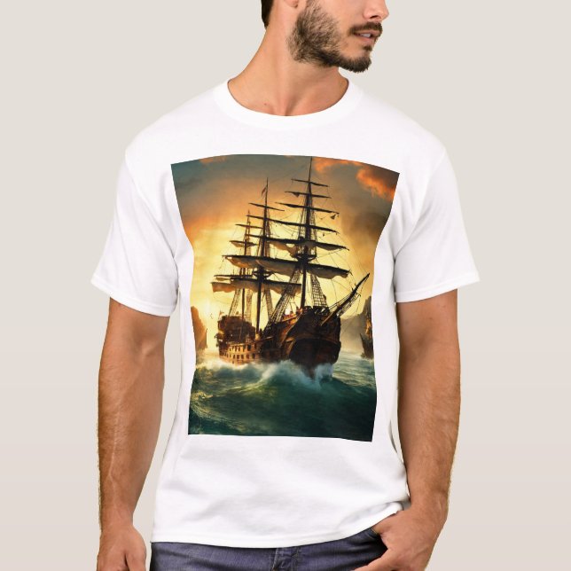 Jack sparrow boat Sailing into the Golden Horizon" T-Shirt (Front)
