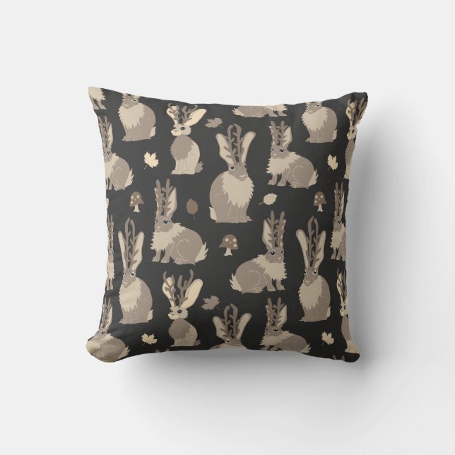 Jackalope Forest Funny Mythical Rabbit Print Black Cushion (Front)
