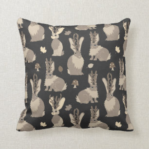 Jackalope Forest Funny Mythical Rabbit Print Black Cushion