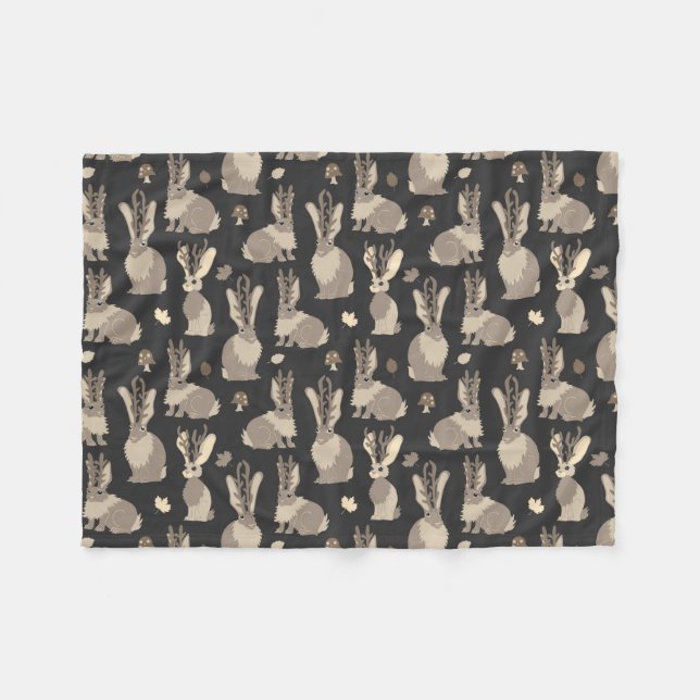 Jackalope Forest Funny Mythical Rabbit Print Black Fleece Blanket (Front (Horizontal))