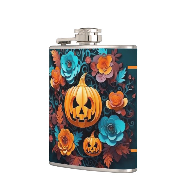 Jackolantern And Flowers Vinyl Wrapped Flask (Left)