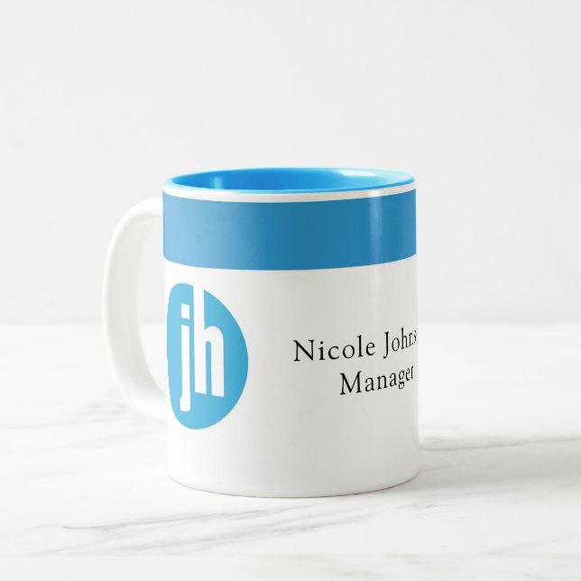 Jackson Hewitt Blue Monogram Two-Tone Coffee Mug (Front Left)