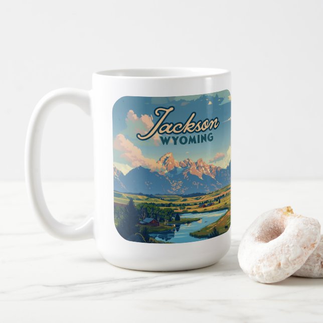 Jackson Hole Wyoming Ranch Tetons Mountains Retro Coffee Mug (With Donut)