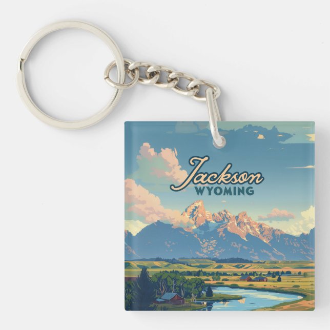 Jackson Hole Wyoming Ranch Tetons Mountains Retro Key Ring (Front)