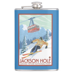 Jackson Hole, Wyoming Skier and Tram Hip Flask