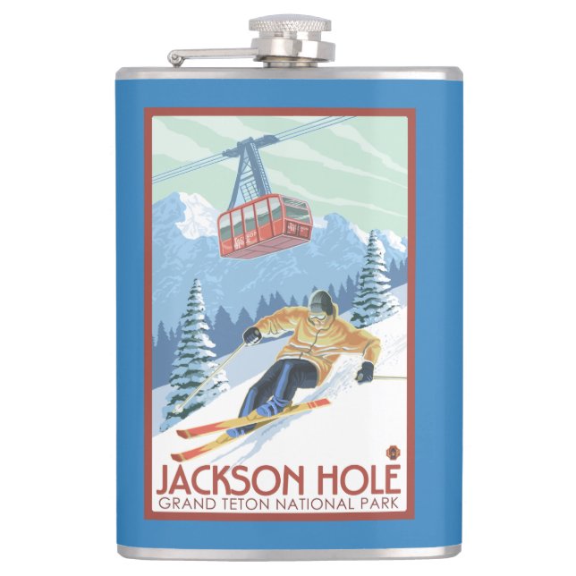 Jackson Hole, Wyoming Skier and Tram Hip Flask (Front)