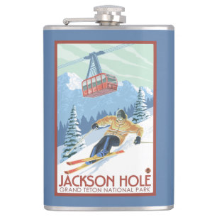 Jackson Hole, Wyoming Skier and Tram Hip Flask