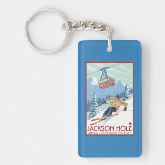 Jackson Hole, Wyoming Skier and Tram Key Ring (Front)
