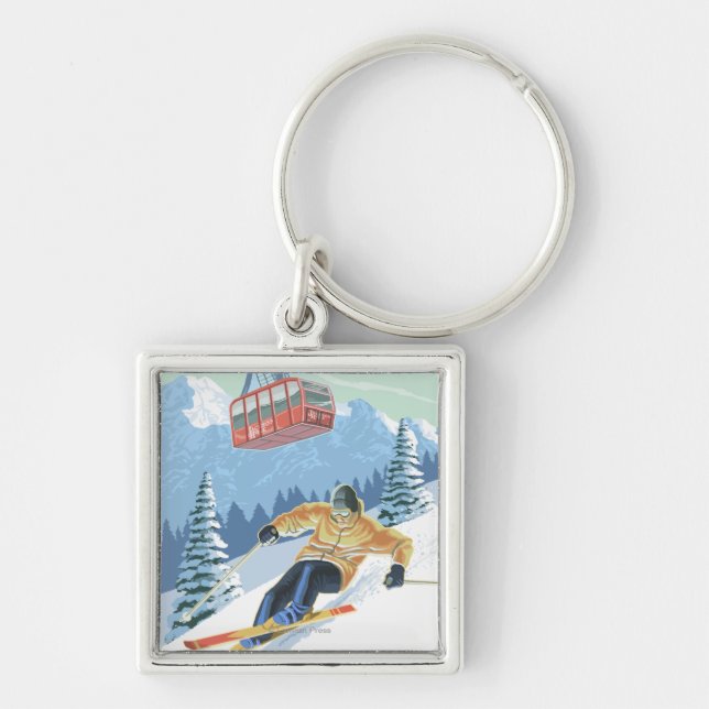 Jackson Hole, Wyoming Skier and Tram Key Ring (Front)