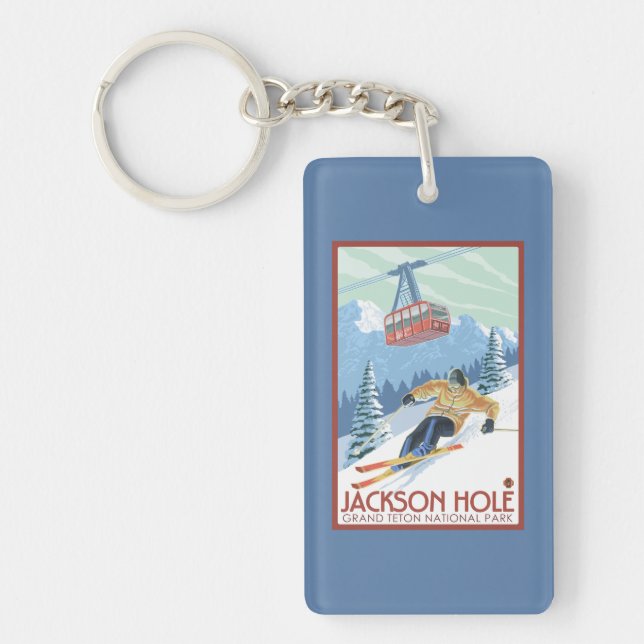 Jackson Hole, Wyoming Skier and Tram Key Ring (Front)