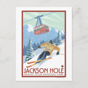 Jackson Hole, Wyoming Skier and Tram Postcard