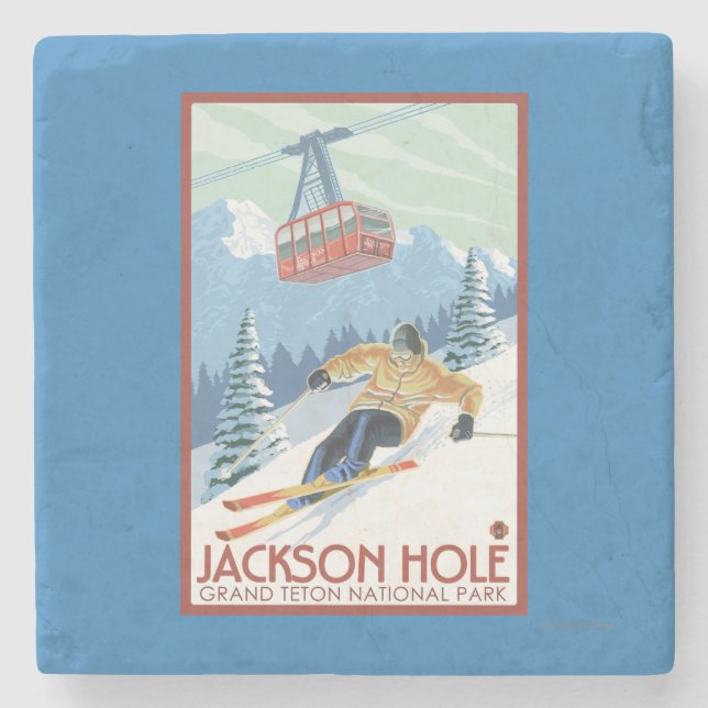Jackson Hole, Wyoming Skier and Tram Stone Coaster (Front)