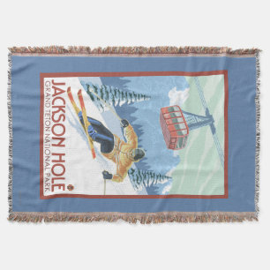 Jackson Hole, Wyoming Skier and Tram Throw Blanket