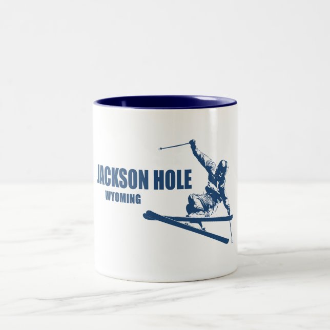 Jackson Hole Wyoming Skier Two-Tone Coffee Mug (Center)