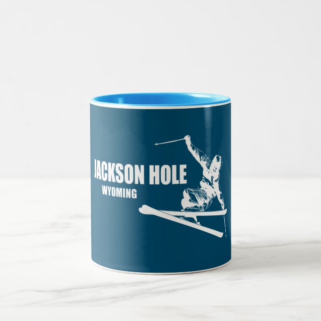 Jackson Hole Wyoming Skier Two-Tone Coffee Mug (Center)