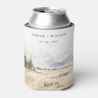 Jackson Hole Wyoming Watercolor Landscape Wedding Can Cooler
