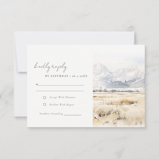Jackson Hole Wyoming Watercolor Landscape Wedding RSVP Card (Front)