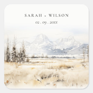 Jackson Hole Wyoming Watercolor Landscape Wedding Square Sticker