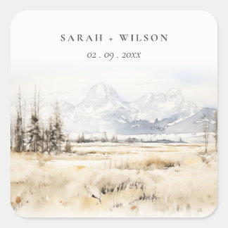 Jackson Hole Wyoming Watercolor Landscape Wedding Square Sticker