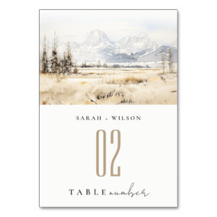 Jackson Hole Wyoming Watercolor Landscape Wedding Table Number