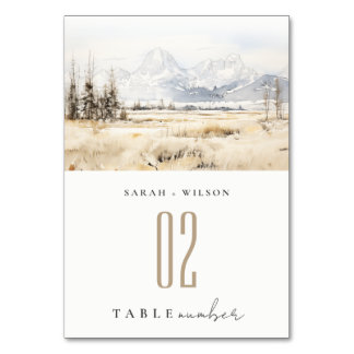 Jackson Hole Wyoming Watercolor Landscape Wedding Table Number