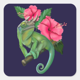 Jackson’s Chameleon with Hibiscus Square Sticker