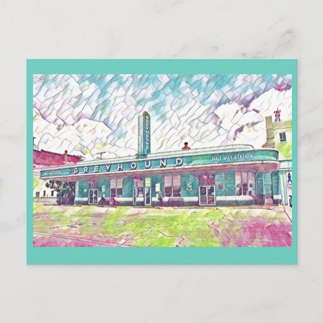 Jackson, TN Greyhound Halfway Bus Station Painting Postcard (Front)